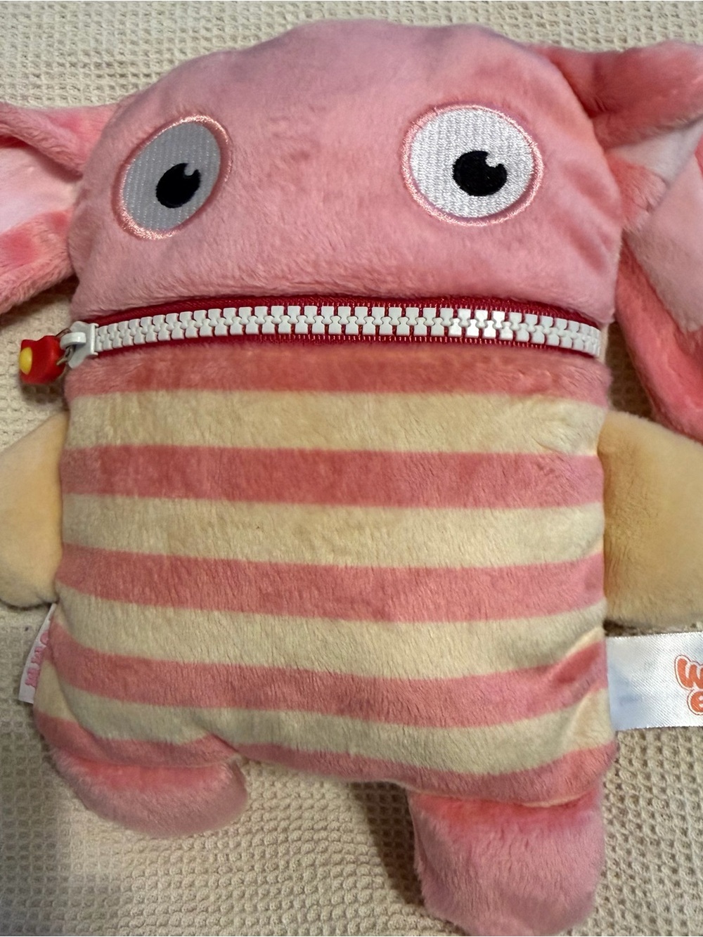 Gerd Hahn's Worry Eaters POMM Plush Striped Pink Bunny Rabbit Zip Mouth plush